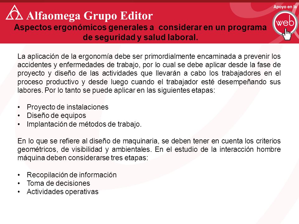 Aspectos ergonómicos generales a considerar en un programa de seguridad y salud laboral.