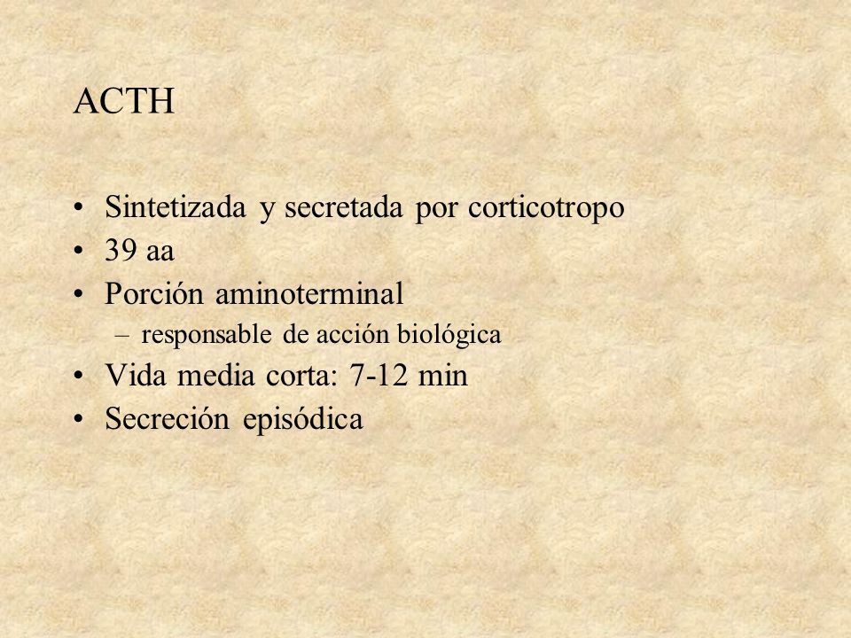 ACTH Sintetizada y secretada por corticotropo 39 aa