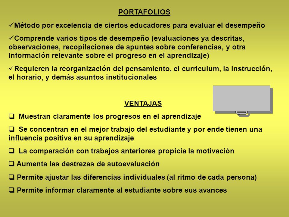 PORTAFOLIOS Método por excelencia de ciertos educadores para evaluar el desempeño.