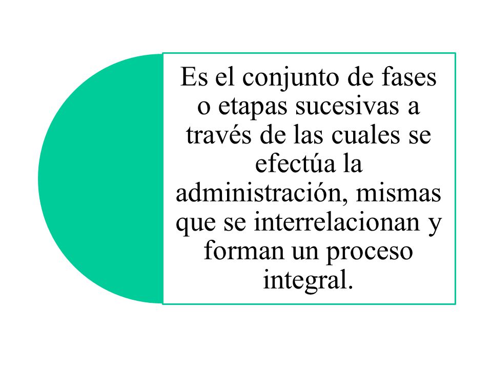 Es el conjunto de fases o etapas sucesivas a través de las cuales se efectúa la administración, mismas que se interrelacionan y forman un proceso integral.