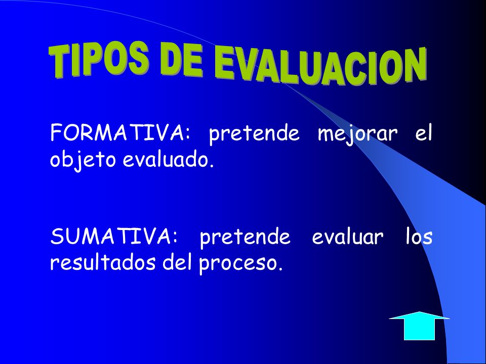 TIPOS DE EVALUACION FORMATIVA: pretende mejorar el objeto evaluado.