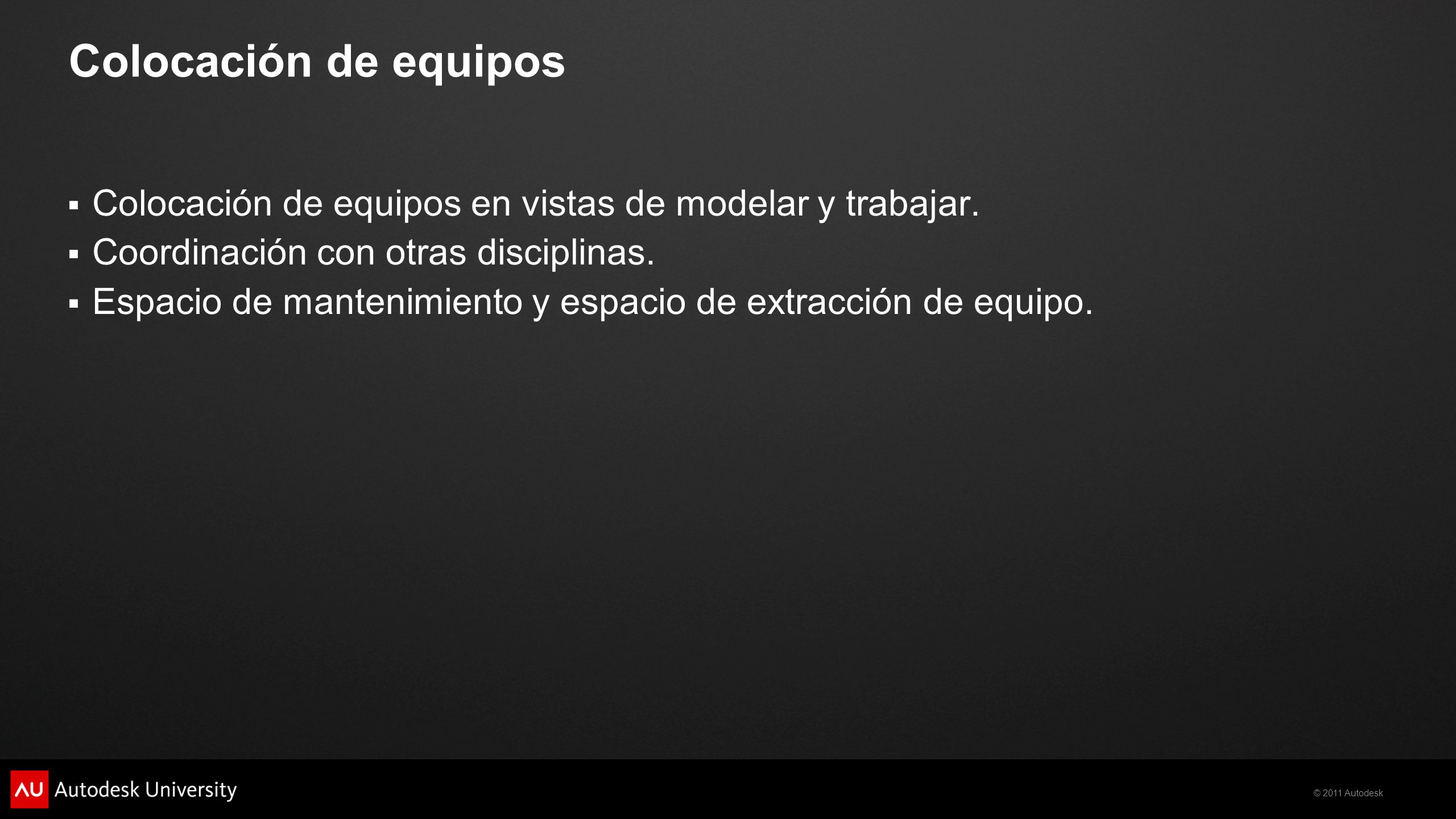 Colocación de equipos Colocación de equipos en vistas de modelar y trabajar. Coordinación con otras disciplinas.