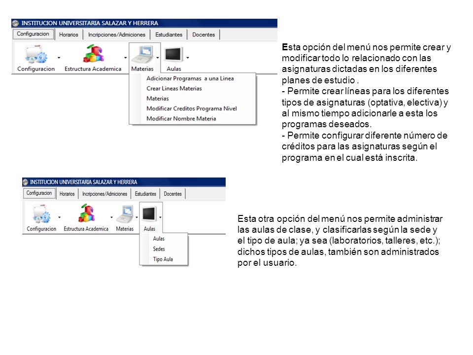 Esta opción del menú nos permite crear y modificar todo lo relacionado con las asignaturas dictadas en los diferentes planes de estudio .