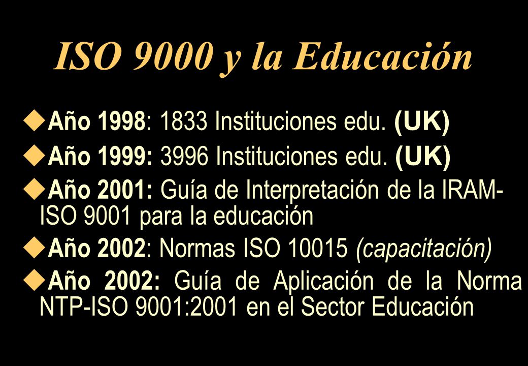 ISO 9000 y la Educación Año 1998: 1833 Instituciones edu. (UK)