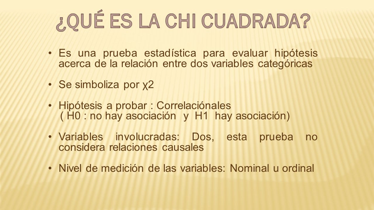 ¿QUÉ ES LA CHI CUADRADA Es una prueba estadística para evaluar hipótesis acerca de la relación entre dos variables categóricas.