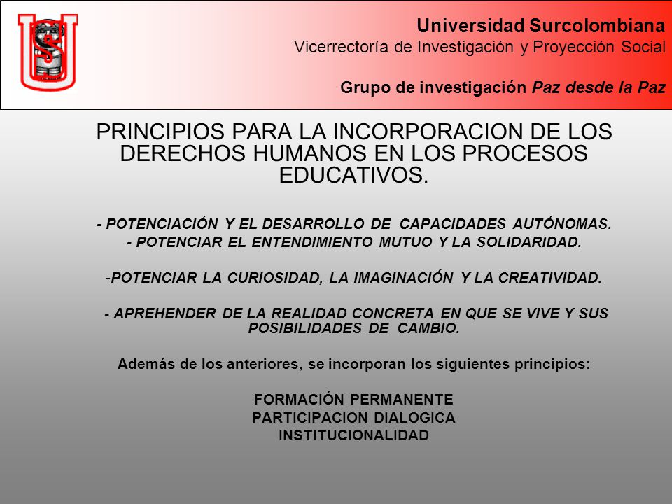 Universidad Surcolombiana Vicerrectoría de Investigación y Proyección Social Grupo de investigación Paz desde la Paz