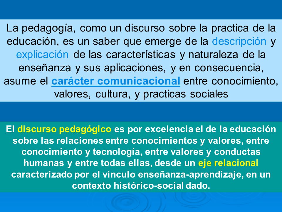 La pedagogía, como un discurso sobre la practica de la educación, es un saber que emerge de la descripción y explicación de las características y naturaleza de la enseñanza y sus aplicaciones, y en consecuencia, asume el carácter comunicacional entre conocimiento, valores, cultura, y practicas sociales