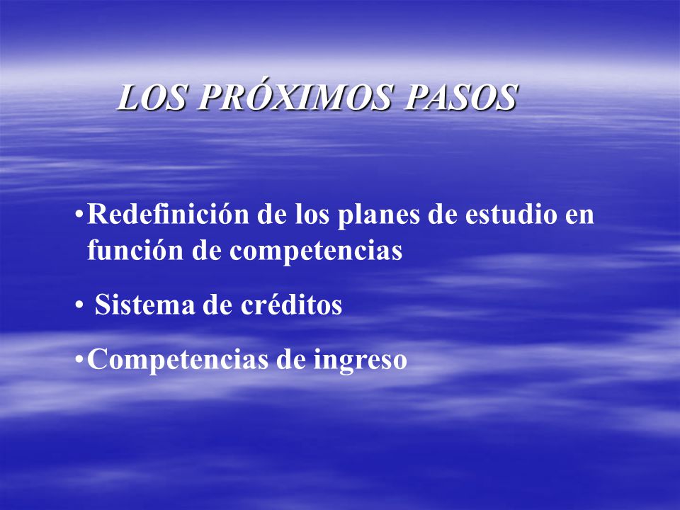 LOS PRÓXIMOS PASOS Redefinición de los planes de estudio en función de competencias. Sistema de créditos.