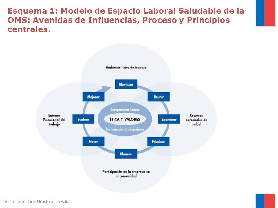 Esquema 1: Modelo de Espacio Laboral Saludable de la OMS: Avenidas de Influencias, Proceso y Principios centrales.