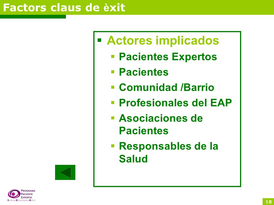 Actores implicados Factors claus de èxit Pacientes Expertos Pacientes
