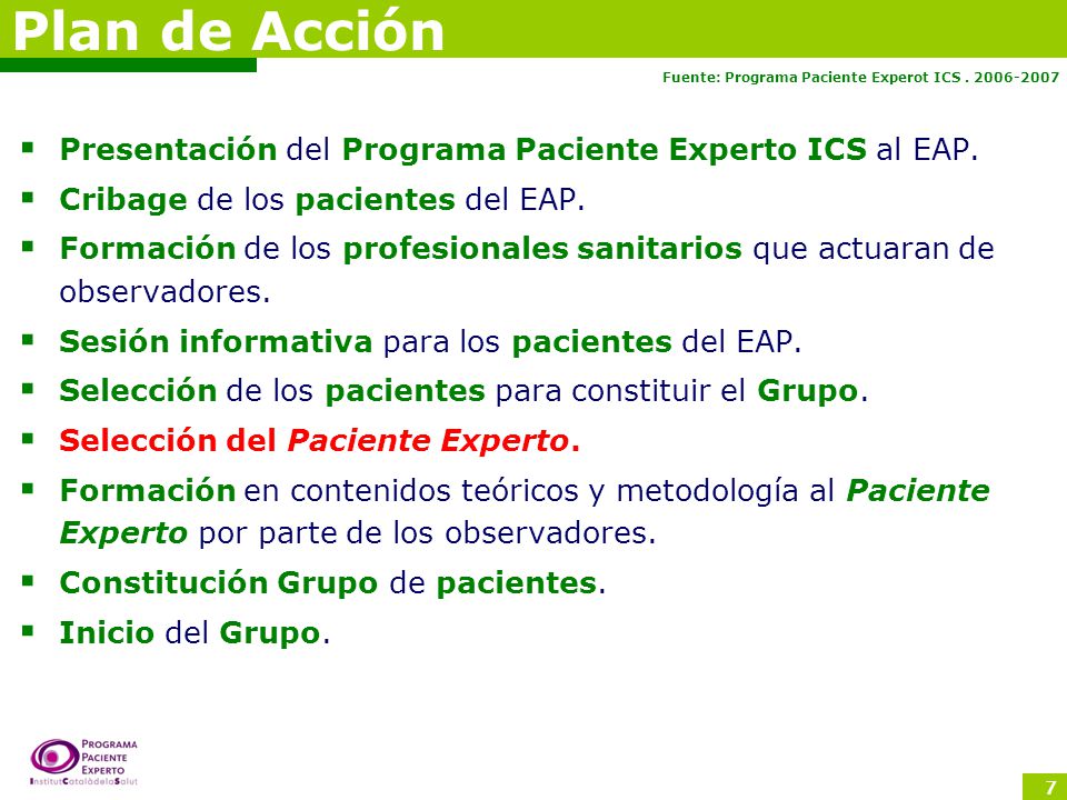 Plan de Acción Presentación del Programa Paciente Experto ICS al EAP.