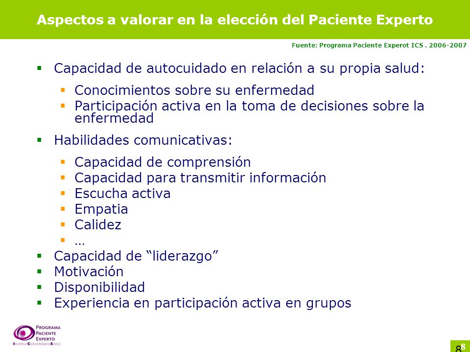 Aspectos a valorar en la elección del Paciente Experto