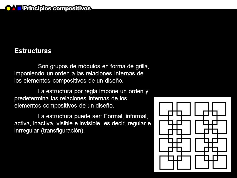 Estructuras Son grupos de módulos en forma de grilla, imponiendo un orden a las relaciones internas de los elementos compositivos de un diseño.