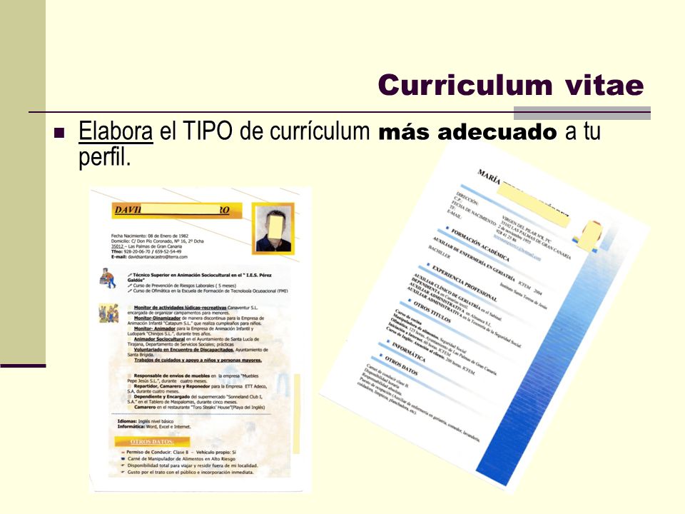 Curriculum vitae Elabora el TIPO de currículum más adecuado a tu perfil.