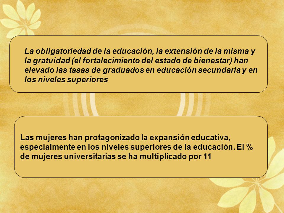 La obligatoriedad de la educación, la extensión de la misma y la gratuidad (el fortalecimiento del estado de bienestar) han elevado las tasas de graduados en educación secundaria y en los niveles superiores