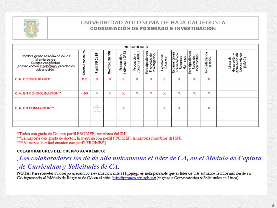Presentación ANFEI Los colaboradores los dá de alta unicamente el líder de CA, en el Módulo de Captura de Curriculum y Solicitudes de CA.
