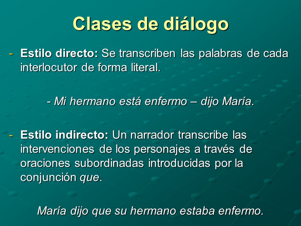 Clases de diálogo Estilo directo: Se transcriben las palabras de cada interlocutor de forma literal.