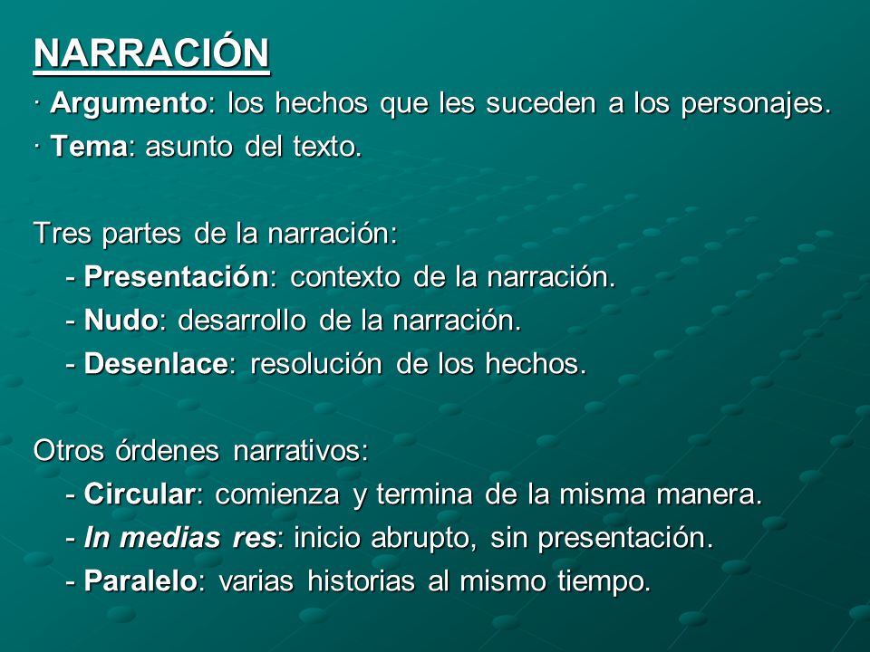 NARRACIÓN · Argumento: los hechos que les suceden a los personajes.