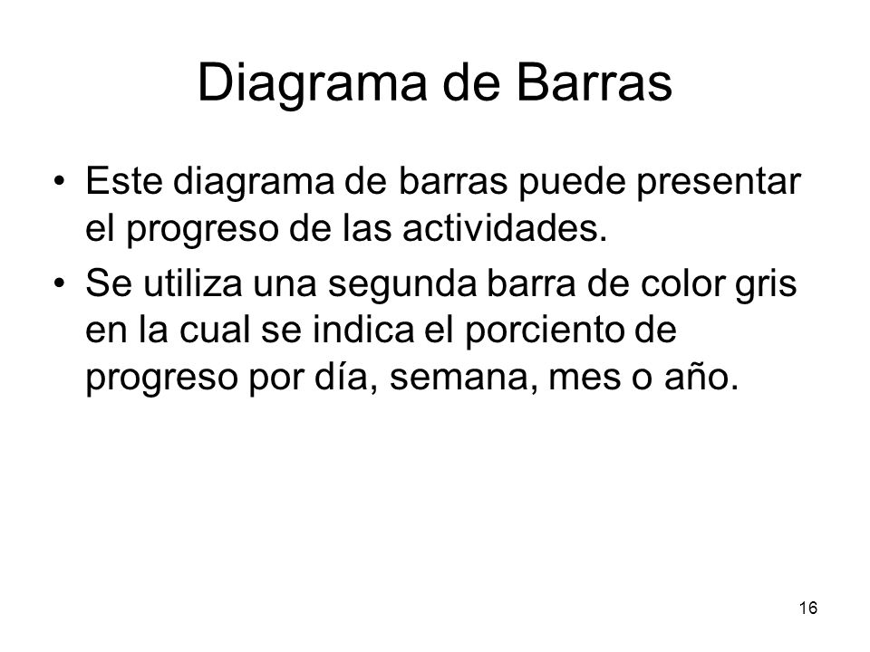 Diagrama de Barras Este diagrama de barras puede presentar el progreso de las actividades.