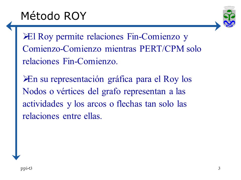 Método ROY El Roy permite relaciones Fin-Comienzo y Comienzo-Comienzo mientras PERT/CPM solo relaciones Fin-Comienzo.