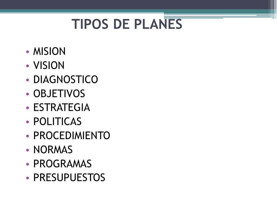 TIPOS DE PLANES MISION VISION DIAGNOSTICO OBJETIVOS ESTRATEGIA