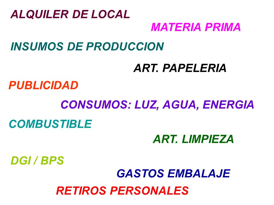 ALQUILER DE LOCAL MATERIA PRIMA. INSUMOS DE PRODUCCION. ART. PAPELERIA. PUBLICIDAD. CONSUMOS: LUZ, AGUA, ENERGIA.