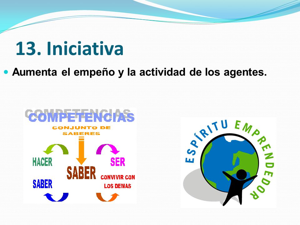 13. Iniciativa Aumenta el empeño y la actividad de los agentes.