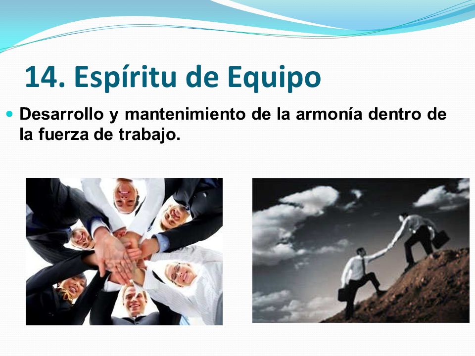 14. Espíritu de Equipo Desarrollo y mantenimiento de la armonía dentro de la fuerza de trabajo.
