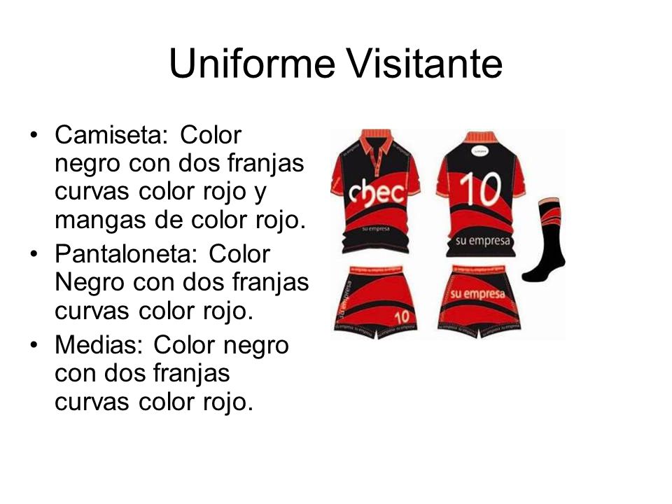 Uniforme Visitante Camiseta: Color negro con dos franjas curvas color rojo y mangas de color rojo.