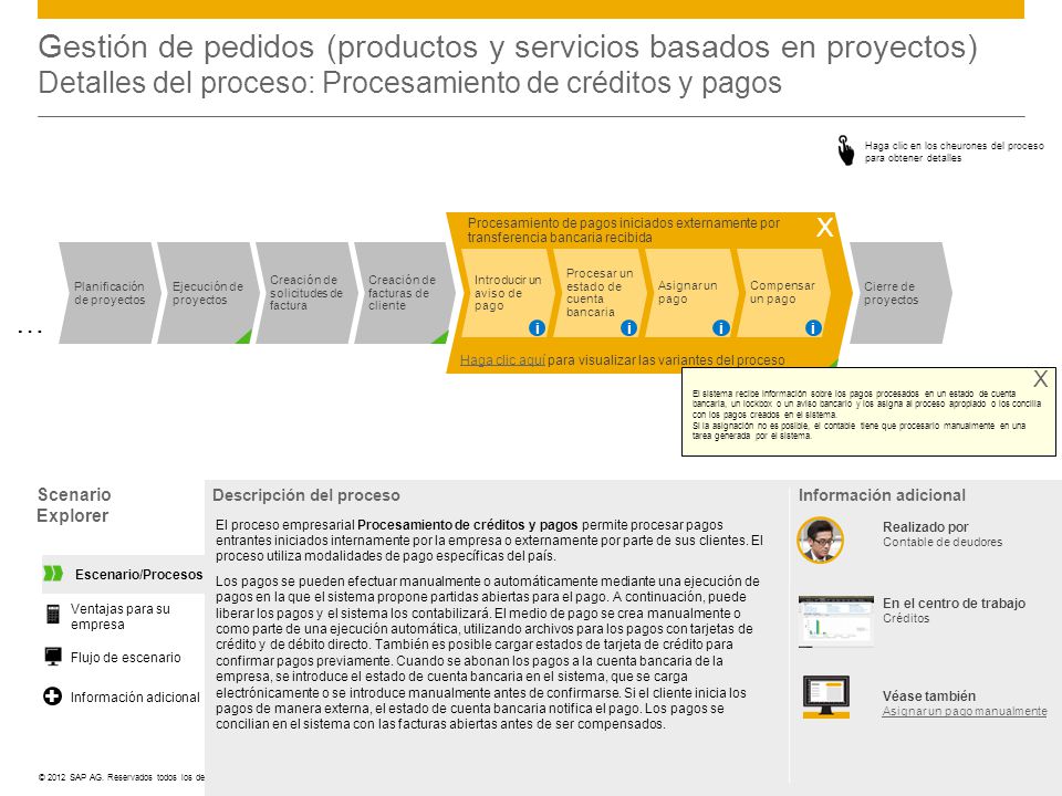 Gestión de pedidos (productos y servicios basados en proyectos) Detalles del proceso: Procesamiento de créditos y pagos