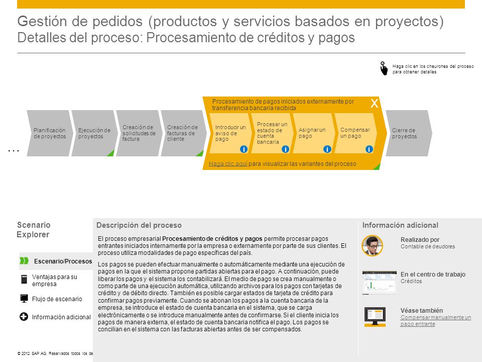 Gestión de pedidos (productos y servicios basados en proyectos) Detalles del proceso: Procesamiento de créditos y pagos
