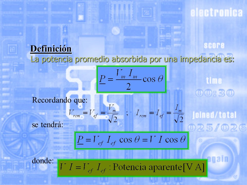 Definición La potencia promedio absorbida por una impedancia es:
