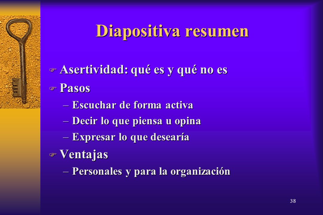 Diapositiva resumen Asertividad: qué es y qué no es Pasos Ventajas