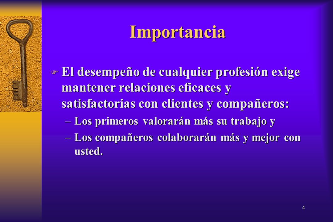 14/04/2017 Importancia. El desempeño de cualquier profesión exige mantener relaciones eficaces y satisfactorias con clientes y compañeros: