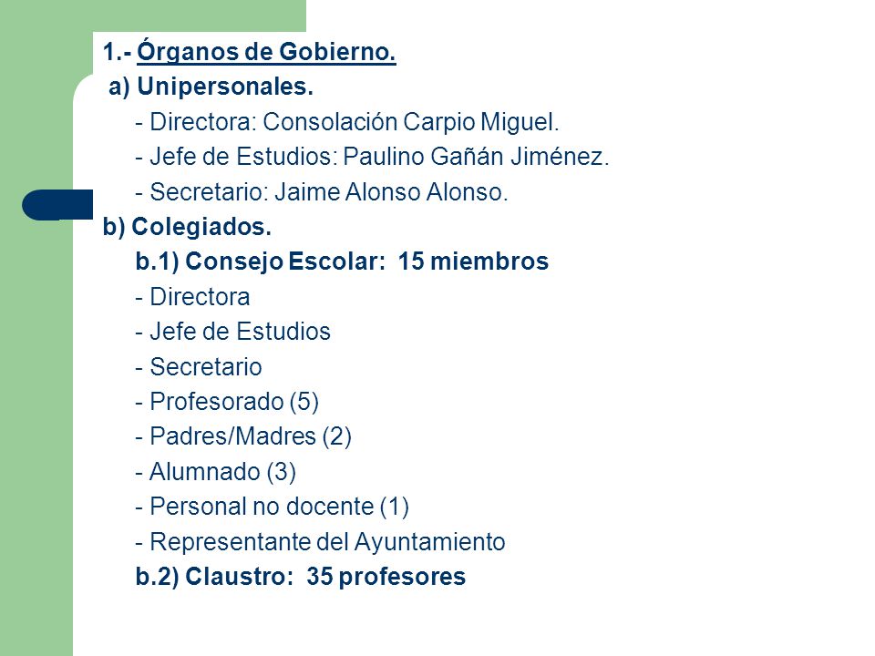 1.- Órganos de Gobierno. a) Unipersonales. - Directora: Consolación Carpio Miguel. - Jefe de Estudios: Paulino Gañán Jiménez.