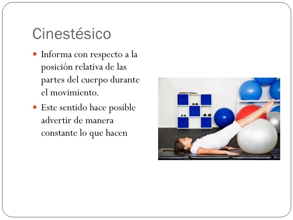Cinestésico Informa con respecto a la posición relativa de las partes del cuerpo durante el movimiento.