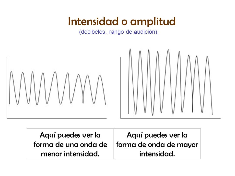 Intensidad o amplitud (decibeles, rango de audición). Aquí puedes ver la forma de una onda de menor intensidad.