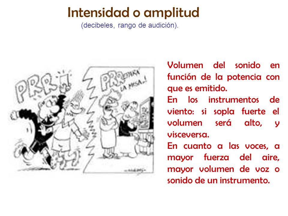 Intensidad o amplitud (decibeles, rango de audición). Volumen del sonido en función de la potencia con que es emitido.
