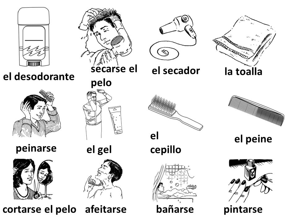 secarse el pelo el secador. la toalla. el desodorante. el cepillo. el peine. peinarse. el gel.