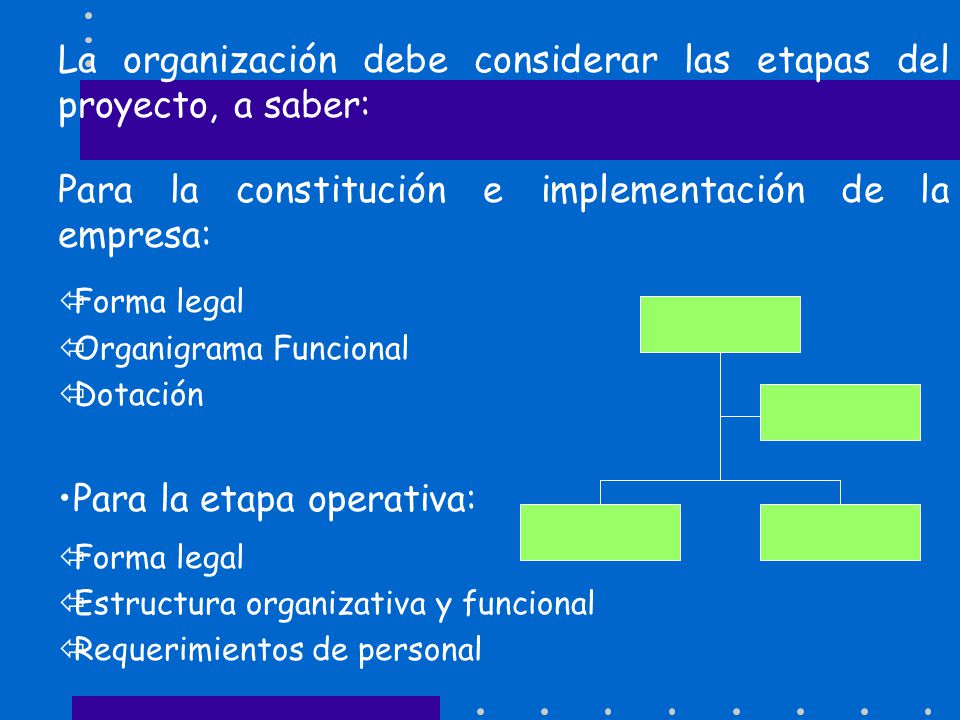 La organización debe considerar las etapas del proyecto, a saber: