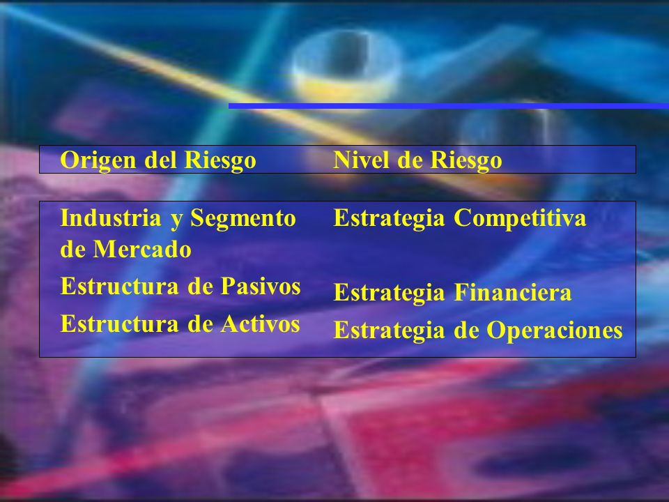Origen del Riesgo Industria y Segmento de Mercado. Estructura de Pasivos. Estructura de Activos. Nivel de Riesgo.