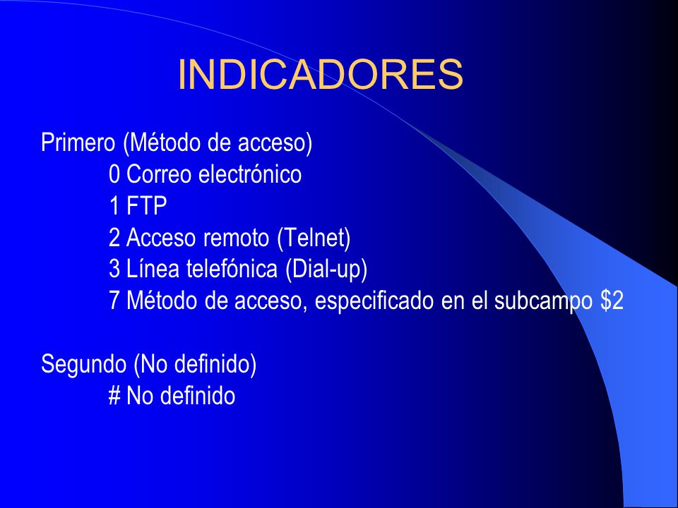 INDICADORES Primero (Método de acceso). 0 Correo electrónico. 1 FTP
