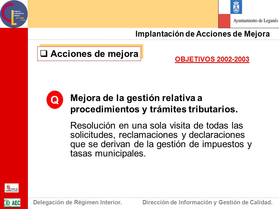 Acciones de mejora OBJETIVOS Q. Mejora de la gestión relativa a procedimientos y trámites tributarios.
