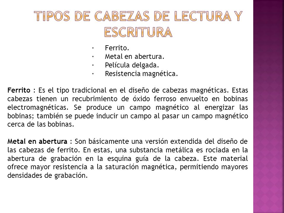 TIPOS DE CABEZAS DE LECTURA Y ESCRITURA