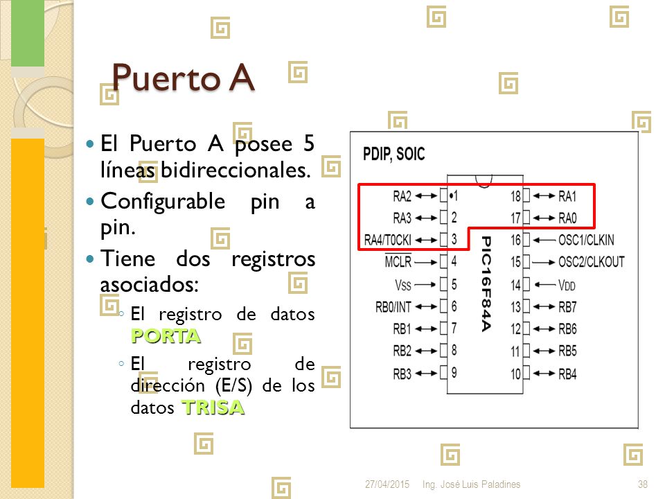 Puerto A (TRISA) Registro de dirección de datos del puerto A. - Bit k de TRISA = 1 configura la patita RAk del puerto A como Entrada.