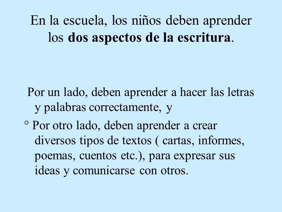 En la escuela, los niños deben aprender los dos aspectos de la escritura.