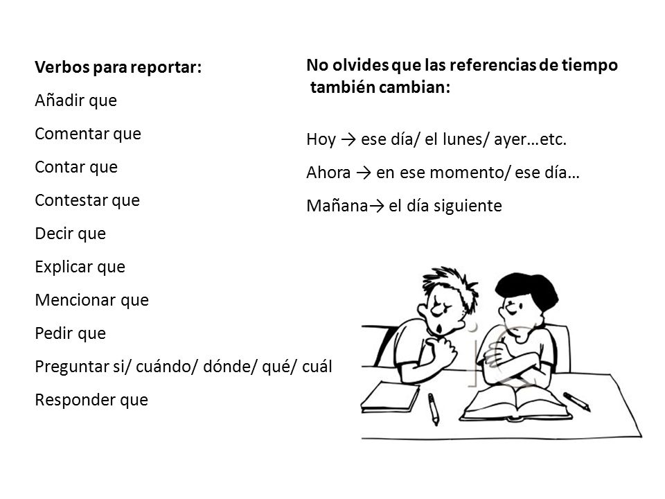 Verbos para reportar: Añadir que. Comentar que. Contar que. Contestar que. Decir que. Explicar que.