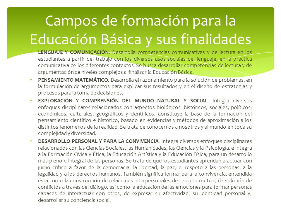 Campos de formación para la Educación Básica y sus finalidades