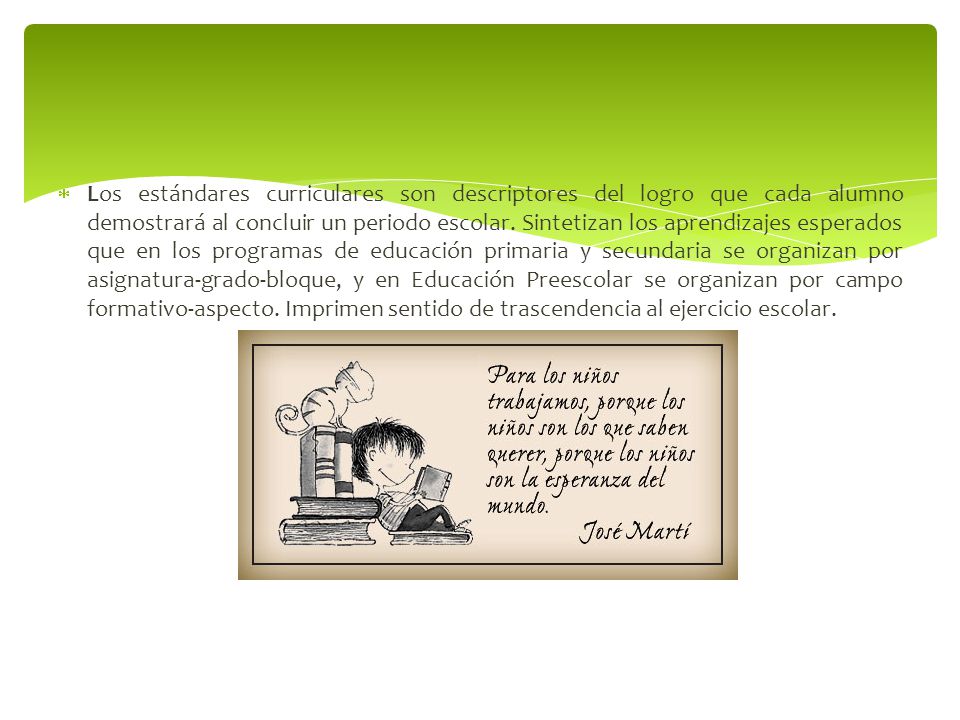 Los estándares curriculares son descriptores del logro que cada alumno demostrará al concluir un periodo escolar.