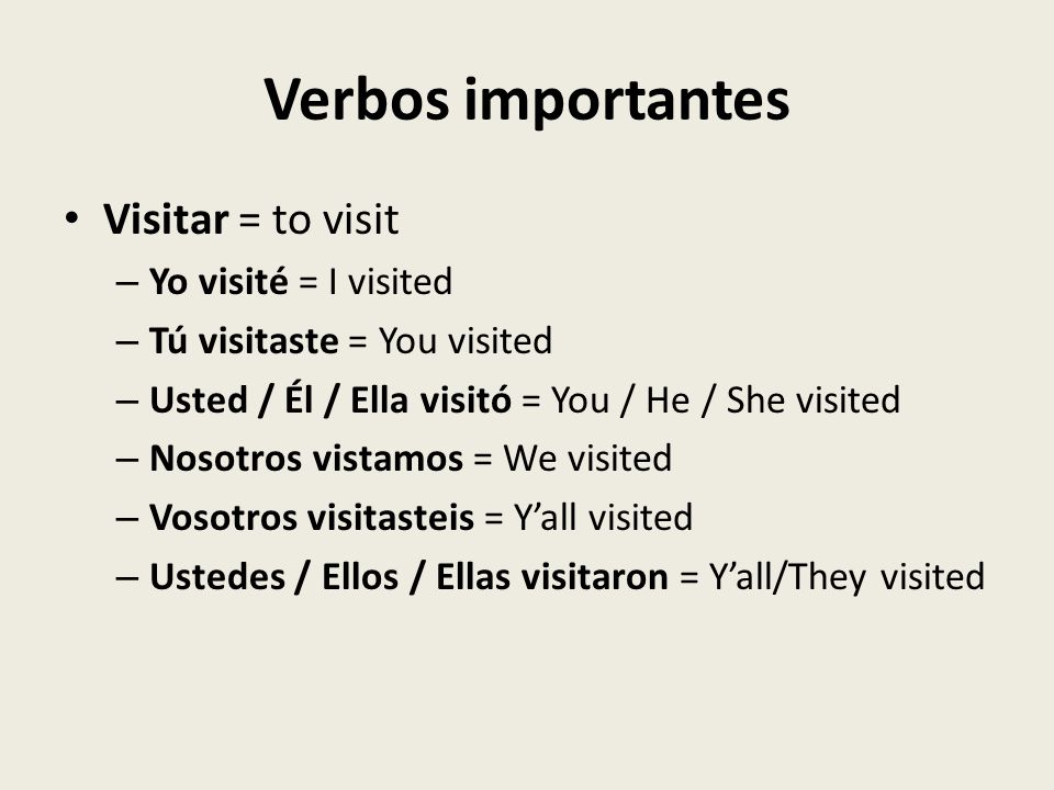 Verbos importantes Visitar = to visit Yo visité = I visited